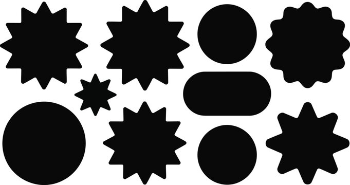 A collection of varied solid black silhouette shapes including starbursts, circles, and rounded rectangles