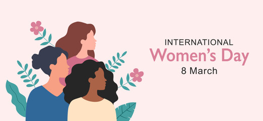 Women's day. March 8. Different women of cultures and skin colors together. Feminism. Gender equality and women empowerment vector banner