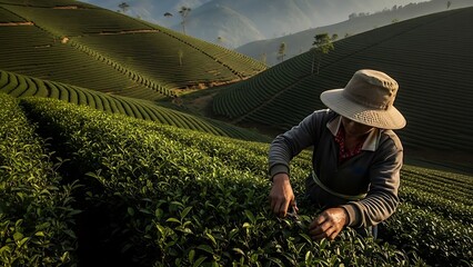 Tea Farmer Harvesting Tea Leaves on a Lush Green Hillside.