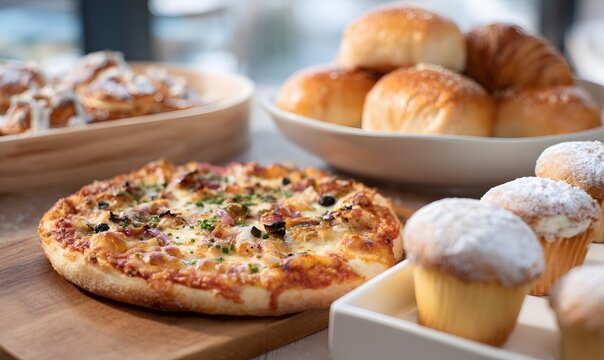 Gourmet table spread with artisanal mini pizza as the hero subject, crisp crust, melted cheese, vibrant toppings, surrounded aesthetically by flaky croissants