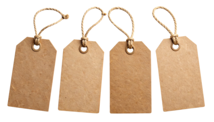 Rustic Brown Gift Tags with Twine Quad Pack, isolated on transparent background  