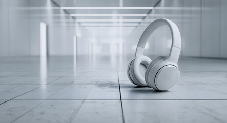 White headphones placed on the concrete floor of an empty factory hall in soft lighting, a 3d rendering showcasing industrial minimalism, digital silence