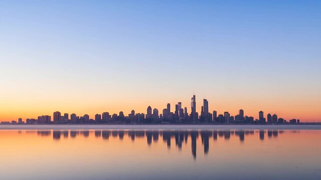 city skyline silhouette at winter sunset, soft gradient sky, subtle snow haze, no identifiable buildings, clean commercial sunset vibe, perfect for winter solstice