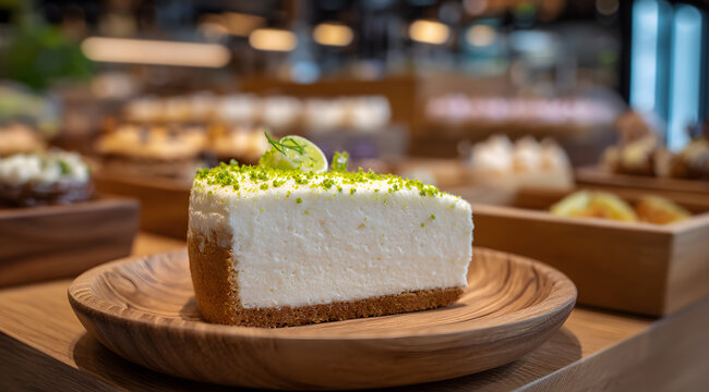 creamy cake sits on a wooden plate in modern coffee shop, surrounded by the soft blur of pastries and cakes, capturing the cozy morning atmosphere and inviting aroma of fresh baked sweetness - Powered by Adobe