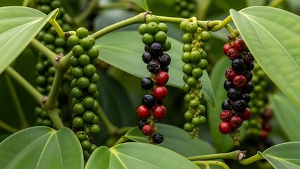 Vibrant pepper plant with green and red peppercorns closeup view.