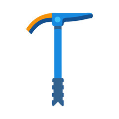 Blue mountaineering ice axe with orange pick against black