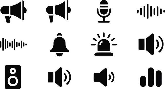 A grid of twelve black sound and volume related icons including megaphones, microphones, and audio waves