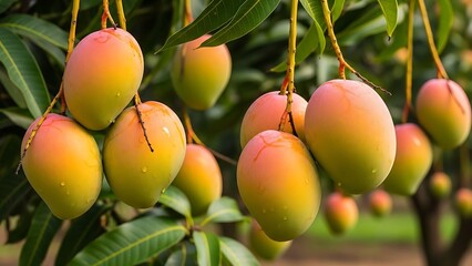 Vibrant yellow and red mangoes growing in a sunny orchard.
