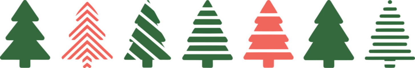 Fototapeta premium A horizontal arrangement of seven decorative Christmas trees featuring green and red solid and striped patterns