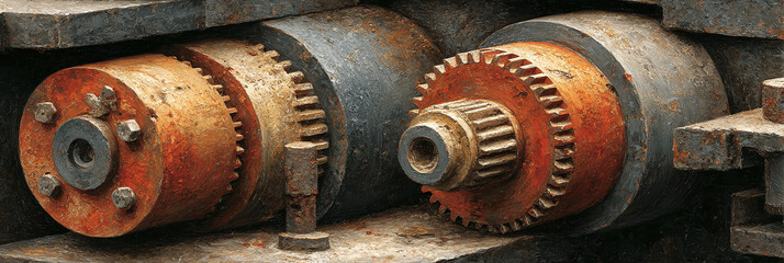 Close-up of weathered industrial gears and rusty machinery components, showcasing intricate mechanical details and the enduring strength of vintage engineering in a factory setting