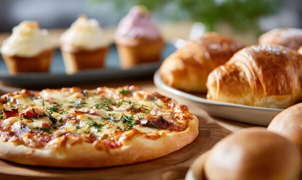 Gourmet table spread with artisanal mini pizza as the hero subject, crisp crust, melted cheese, vibrant toppings, surrounded aesthetically by flaky croissants