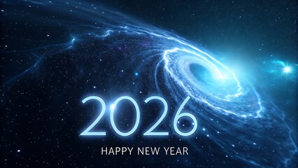 Glowing neon blue number 2026 and happy new year text over a dramatic cosmic galaxy spiral in deep space with stars and bright light