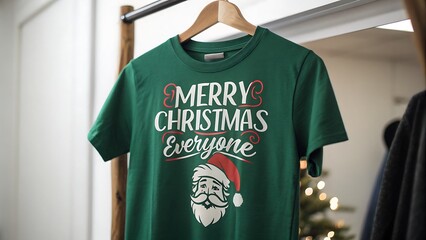 Closeup of a festive green tshirt with a merry christmas everyone graphic featuring santa claus face hanging on a wooden hanger indoors