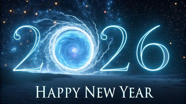 Neon blue glowing number 2026 with a swirling galaxy effect and happy new year text against a dark starry night sky background, symbolizing the arrival of the new year - Powered by Adobe