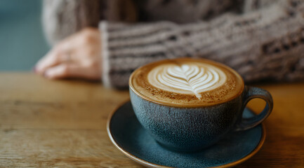 cup of cappuccino with heart-shaped latte art sits on wooden table in cozy coffee shop as woman places her hands gently on the surface, capturing the warmth, calm