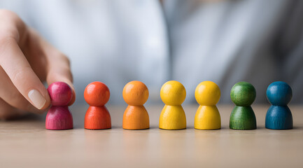businesswoman sits at table playing with colorful wooden pawns arranged in line, representing strategic management, leadership decisions, and the creative process of planning
