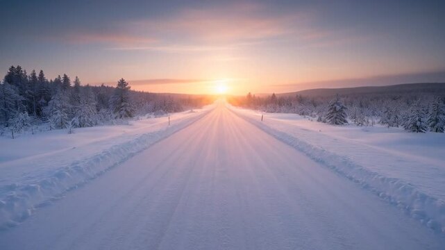 long empty snowy road leading into low sun horizon, strong linear perspective, commercial travel aesthetic, perfect for winter solstice