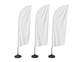 Three white feather flags standing on black bases isolated isolated on transparent background