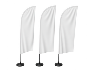 Three white feather flags standing on black bases isolated isolated on transparent background