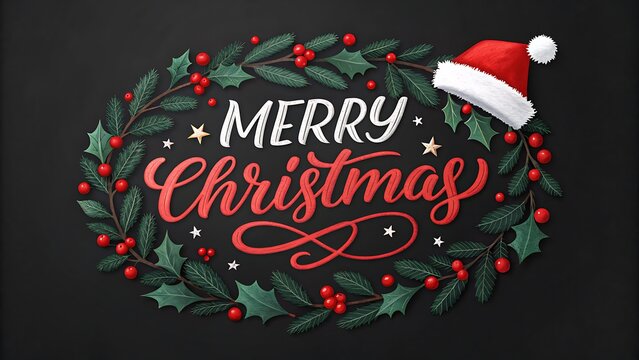 Merry christmas greeting text written in stylized red and white script surrounded by a festive holly wreath with red berries and a santa hat on a dark background