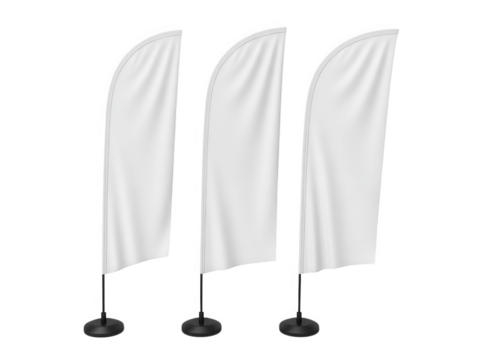 Three white feather flags standing on black bases isolated isolated on transparent background