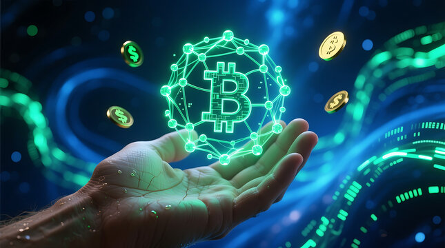 Holding digital future Bitcoin currency in hand, showcasing innovative cryptocurrency investment and blockchain technology for financial growth and success online