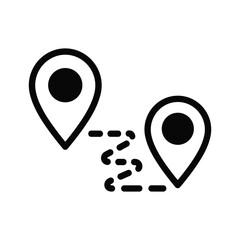 Black and white icon representing route planning between two map location pin markers