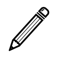 Black and white simple icon of a wooden pencil with an eraser, isolated on
