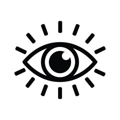 Simple black and white icon of a human eye with radiating light lines isolated on