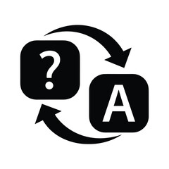 Black and white icon representing translation or language exchange with question mark and letter a
