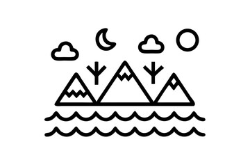 Whimsical mountain range landscape with sun, moon, and stars, perfect for children's book illustrations or nature-themed designs, a simple modern design