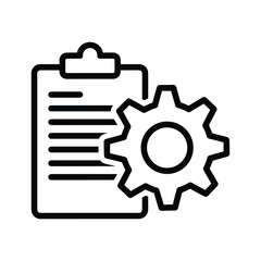 Black and white line icon of a clipboard next to a gear, representing process or setting