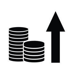 Black and white icon representing increasing stack of coin for financial growth and success isolated on