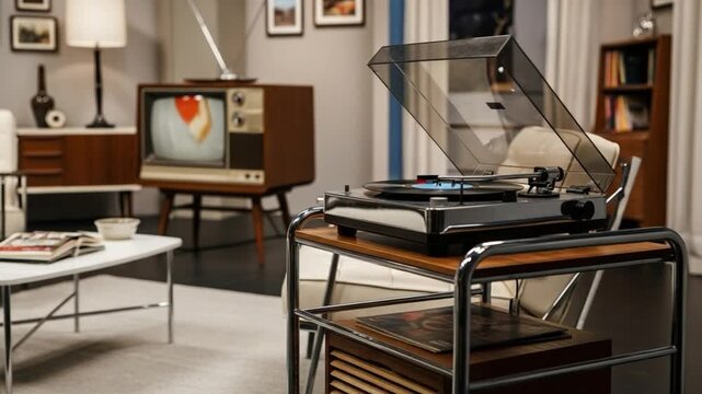 Nostalgic 1960s living room with classic wooden television and a modern record player on a stylish side table, evoking a vintage home entertainment setup.