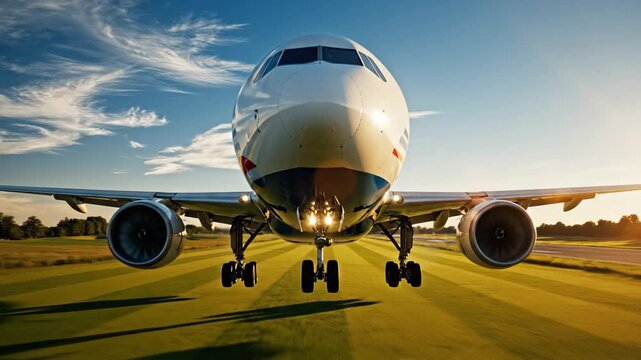 Airplane soars through the sky, preparing to touch down on the grassy runway