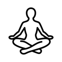 Simple black and white line icon of a person meditating in lotus position isolated on