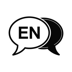 Black and white icon of two speech bubbles with en representing english language translation or communication