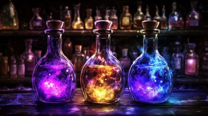 Alchemist shop 3 glowing potion bottles with nebula-like liquids on wooden shelf