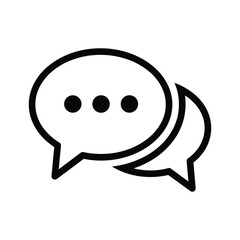 Black and white outline icon of two overlapping speech bubbles with ellipsis dots inside, isolated on