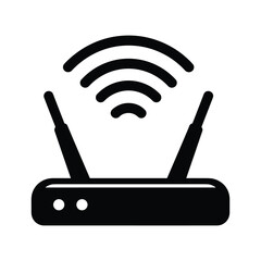 Black and white icon of a wireless wifi router broadcasting signal isolated on