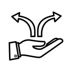 Hand offering two diverging arrows showing choice, direction, or decision making isolated on