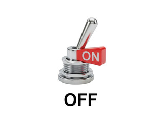 Silver toggle switch with red on label in center position isolated on transparent background