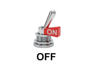 Silver toggle switch with red on label in center position isolated on transparent background