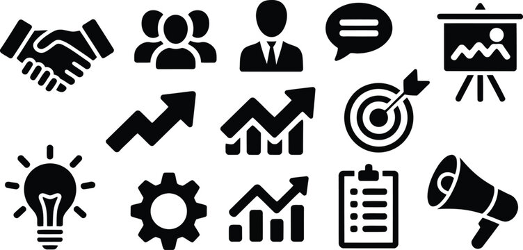 An extensive collection of business management and growth glyph icons on a clean white background