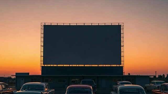 Classic drive-in movie theater screen silhouetted against a vibrant orange sunset sky with vintage cars parked in rows, evoking retro entertainment and nostalgia
