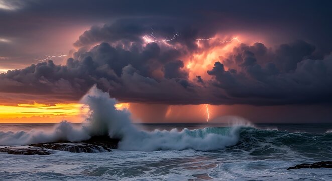 Ocean waves crashing under a stormy sky with lightning strikes seen