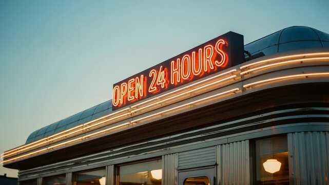 Retro American diner with a bright red neon sign displaying 'OPEN 24 HOURS' against a clear blue sky, evoking vintage roadside charm.