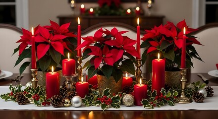 Christmas table centerpiece with poinsettias and red candles glowing