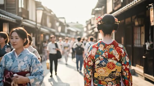 Elegant Japanese woman in kimono walks vibrant Kyoto festival street