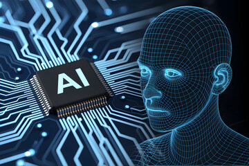 Artificial intelligence concept featuring a human wireframe and ai chip on a circuit board background representing future technology and machine learning advancements in a digital world
